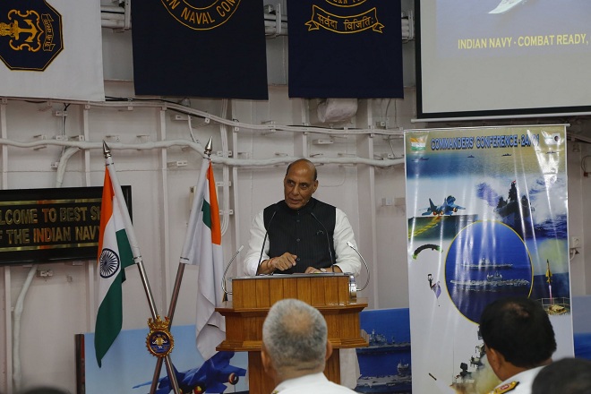 Defence Minister addresses naval commanders; witnesses 'twin-carrier' operation